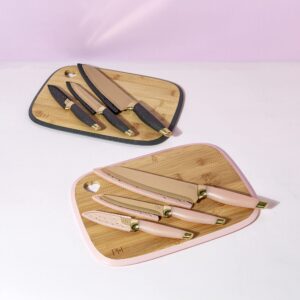 Paris Hilton Reversible Bamboo Cutting Board and Cutlery Set with Matching High Carbon Stainless Steel Knives, Blade Guards, Sleek Yet Comfortable Handle Grips, 7-Piece Set Gold, Pink