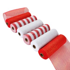 6 Rolls Poly Burlap Mesh 10 Inches Red Deco Ribbon 60 Yards White Mesh Roll Door Wreath Supplies, Poly Burlap Ribbon Mesh for DIY Craft Home Christmas Party Decoration(2White, 2Red, 2Red&White)