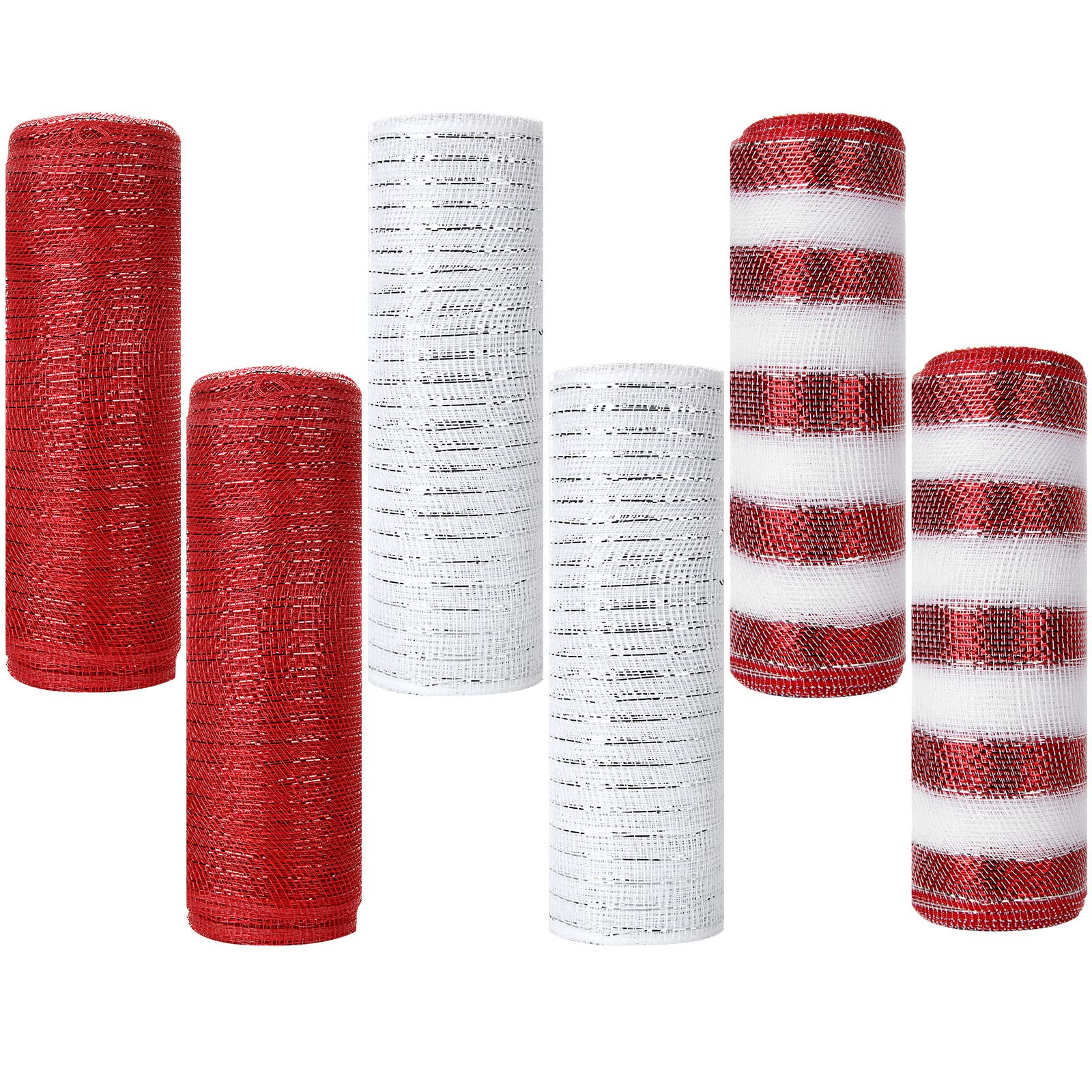 6 Rolls Poly Burlap Mesh 10 Inches Red Deco Ribbon 60 Yards White Mesh Roll Door Wreath Supplies, Poly Burlap Ribbon Mesh for DIY Craft Home Christmas Party Decoration(2White, 2Red, 2Red&White)