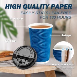 SIUQ 80 Pack 16 oz Disposable Coffee Cups with Lids and Straws, Insulated Ripple Wall To Go Paper Coffee Cups for Coffee, Hot Chocolate and Hot Tea Drinks - Navy