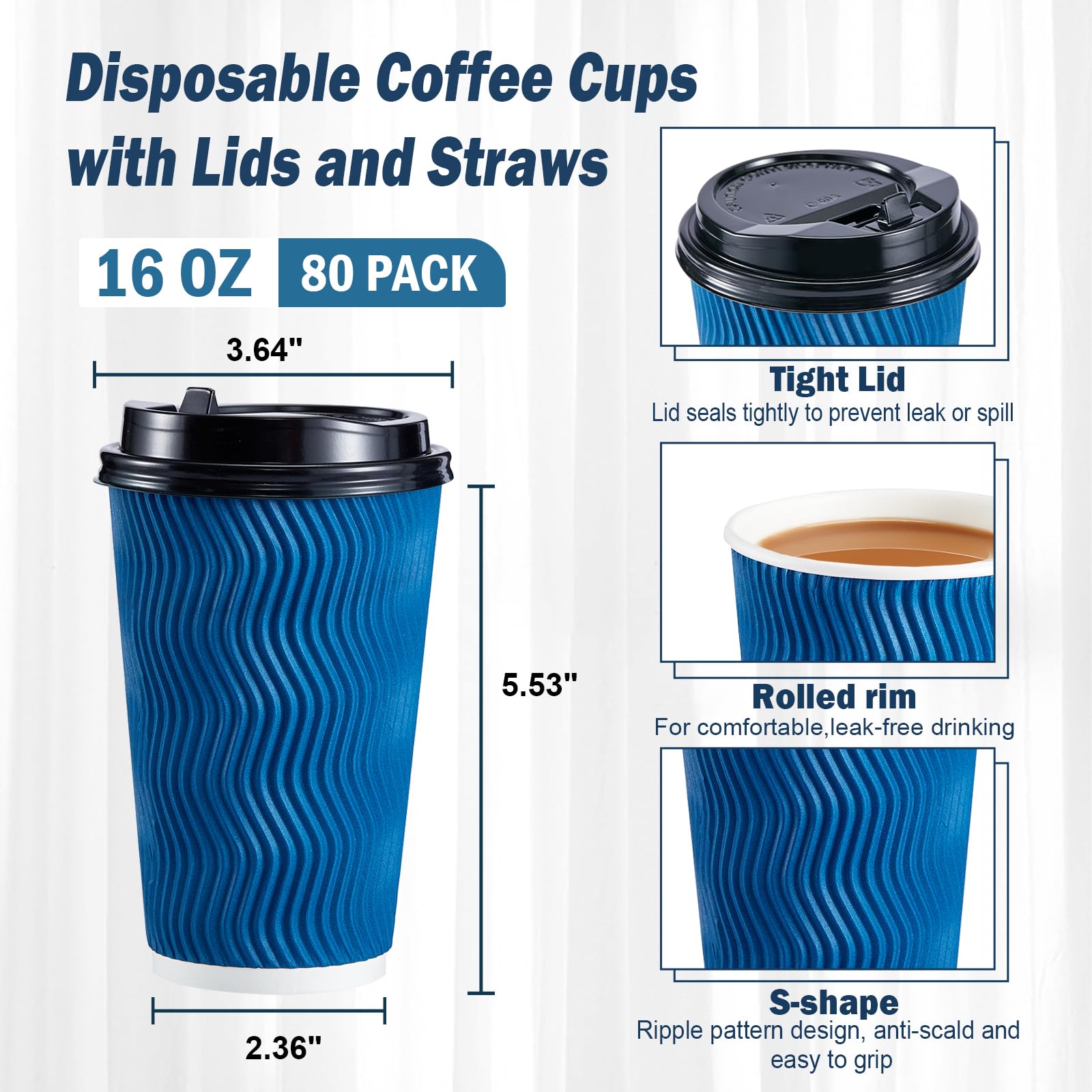 SIUQ 80 Pack 16 oz Disposable Coffee Cups with Lids and Straws, Insulated Ripple Wall To Go Paper Coffee Cups for Coffee, Hot Chocolate and Hot Tea Drinks - Navy