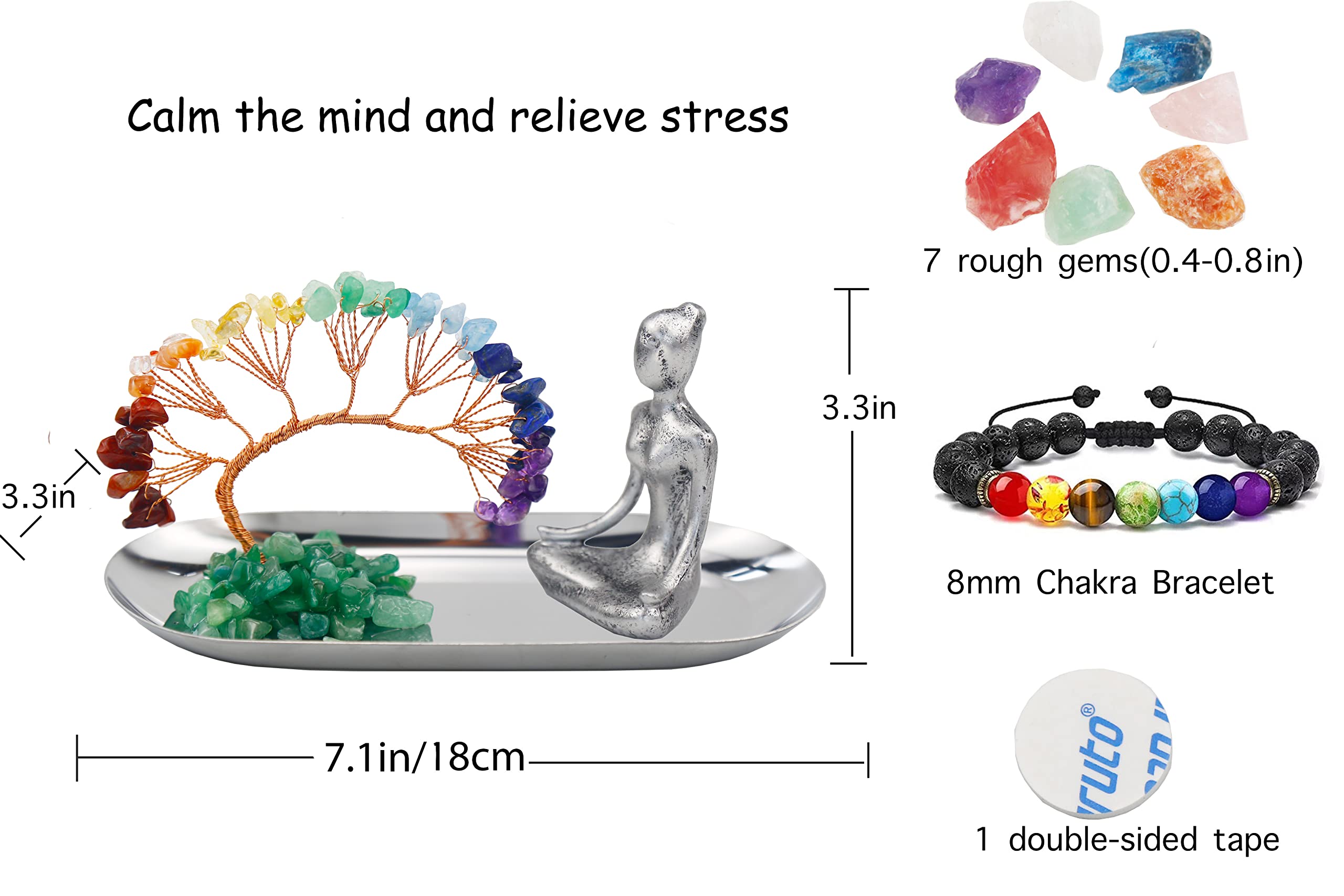 Meditation Accessories, Zen Spiritual Decor, 7 Chakra Crystal Tree Healing Stones and Yoga Statues, for Living Room, Office, Shelves, Mantle Decor, Birthday Gifts for Women