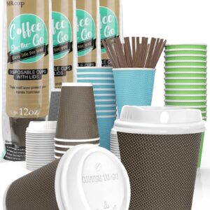 MRcup 12 oz Hot Beverage Coffee Cups with Lids and Straws, Insulated Triple Wall Leak/Heat free Disposable Anti-slip Togo Reusable Paper Cups, Brown [40 Packs]