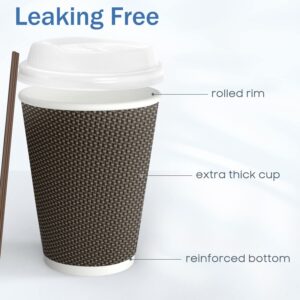 MRcup 12 oz Hot Beverage Coffee Cups with Lids and Straws, Insulated Triple Wall Leak/Heat free Disposable Anti-slip Togo Reusable Paper Cups, Brown [40 Packs]