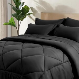 phf 7 pieces queen comforter set black, bed in a bag comforter & 18" sheet set all season, ultra soft noiseless bedding sets with comforter, sheets, pillowcases & shams