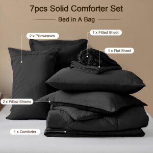 PHF 7 Pieces Queen Comforter Set Black, Bed in a Bag Comforter & 18" Sheet Set All Season, Ultra Soft Noiseless Bedding Sets with Comforter, Sheets, Pillowcases & Shams