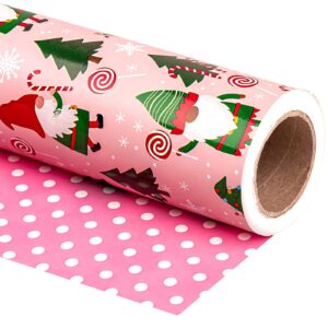 wrapaholic reversible christmas wrapping paper - mini roll - 17 inch x 33 feet - red green gnome and candy canes, pink and white polka dots design for holiday, party, celebration