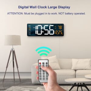 Digital Wall Clock Large Display, 16.2 Inch , LED Digital Clock with Remote Control for Living Room Decor, Automatic Brightness Dimmer with Date Week Temperature (Orange)