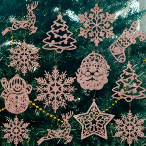 Rose Gold Snowflake Ornament for Christmas Tree Decorations - 42pcs Plastic Glitter Rose Gold Snowflake Sock Reindeer Santa Snowman Assorted Sizes Hanging Decor for Winter Wonderland Xtmas Tree