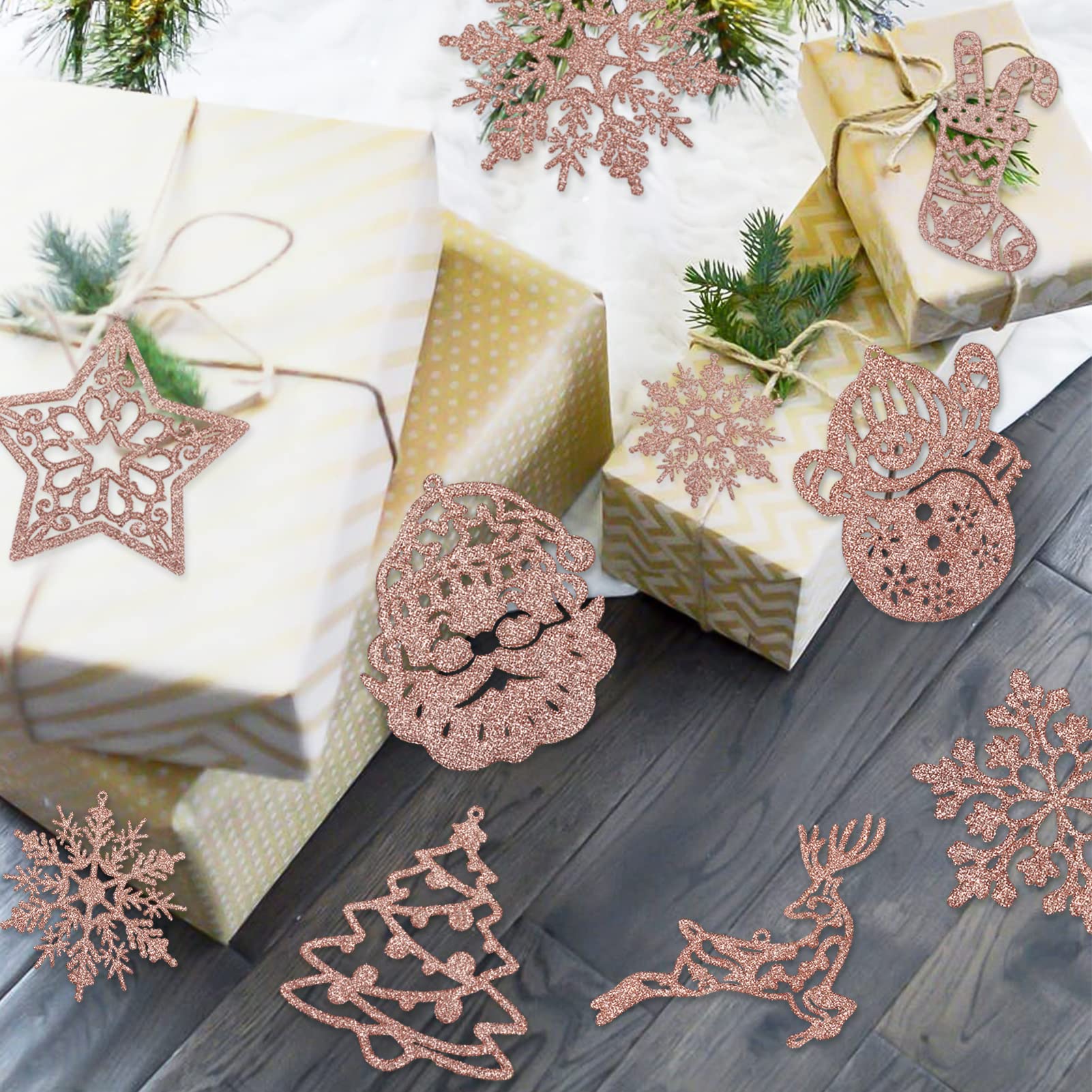 Rose Gold Snowflake Ornament for Christmas Tree Decorations - 42pcs Plastic Glitter Rose Gold Snowflake Sock Reindeer Santa Snowman Assorted Sizes Hanging Decor for Winter Wonderland Xtmas Tree