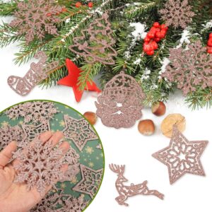 Rose Gold Snowflake Ornament for Christmas Tree Decorations - 42pcs Plastic Glitter Rose Gold Snowflake Sock Reindeer Santa Snowman Assorted Sizes Hanging Decor for Winter Wonderland Xtmas Tree