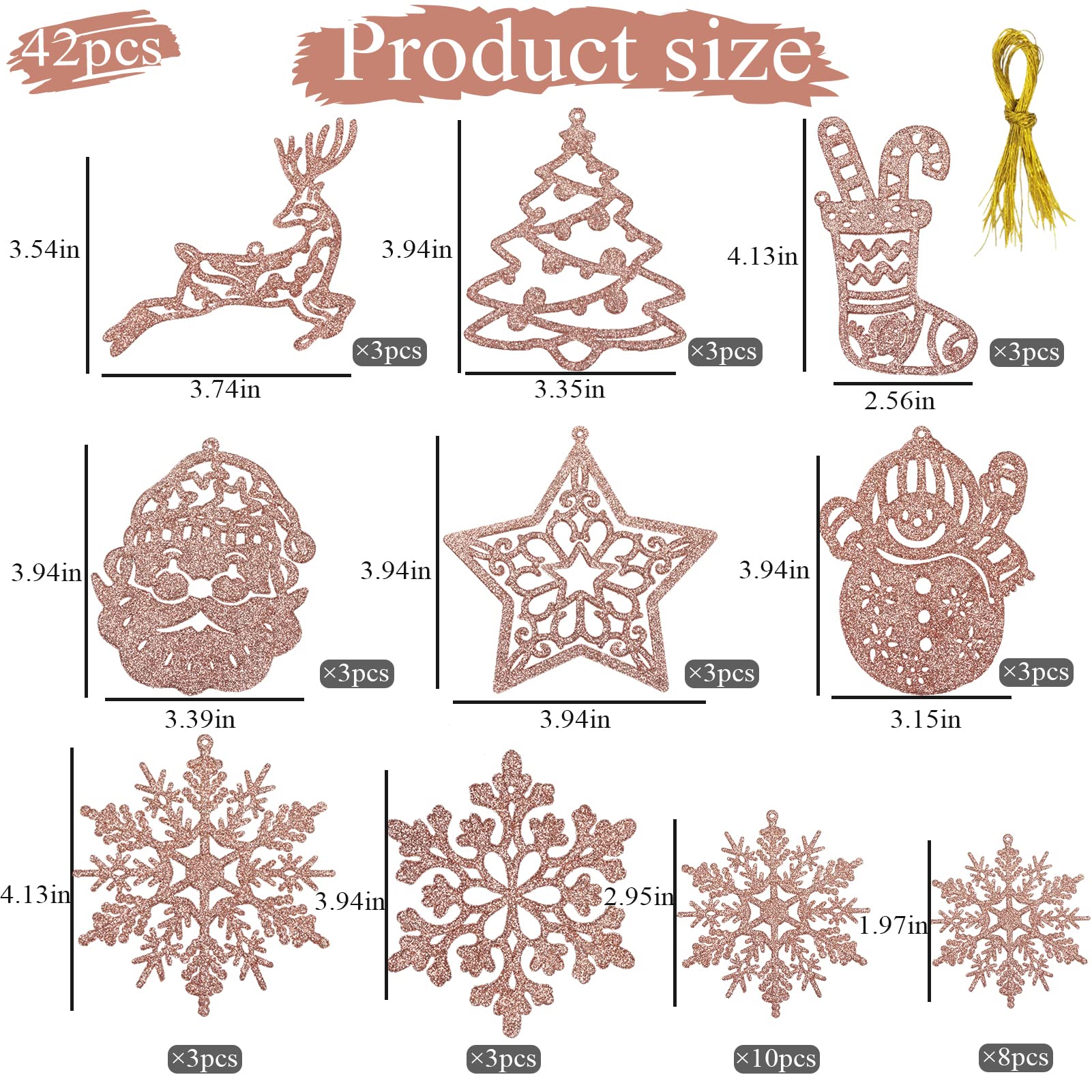 Rose Gold Snowflake Ornament for Christmas Tree Decorations - 42pcs Plastic Glitter Rose Gold Snowflake Sock Reindeer Santa Snowman Assorted Sizes Hanging Decor for Winter Wonderland Xtmas Tree