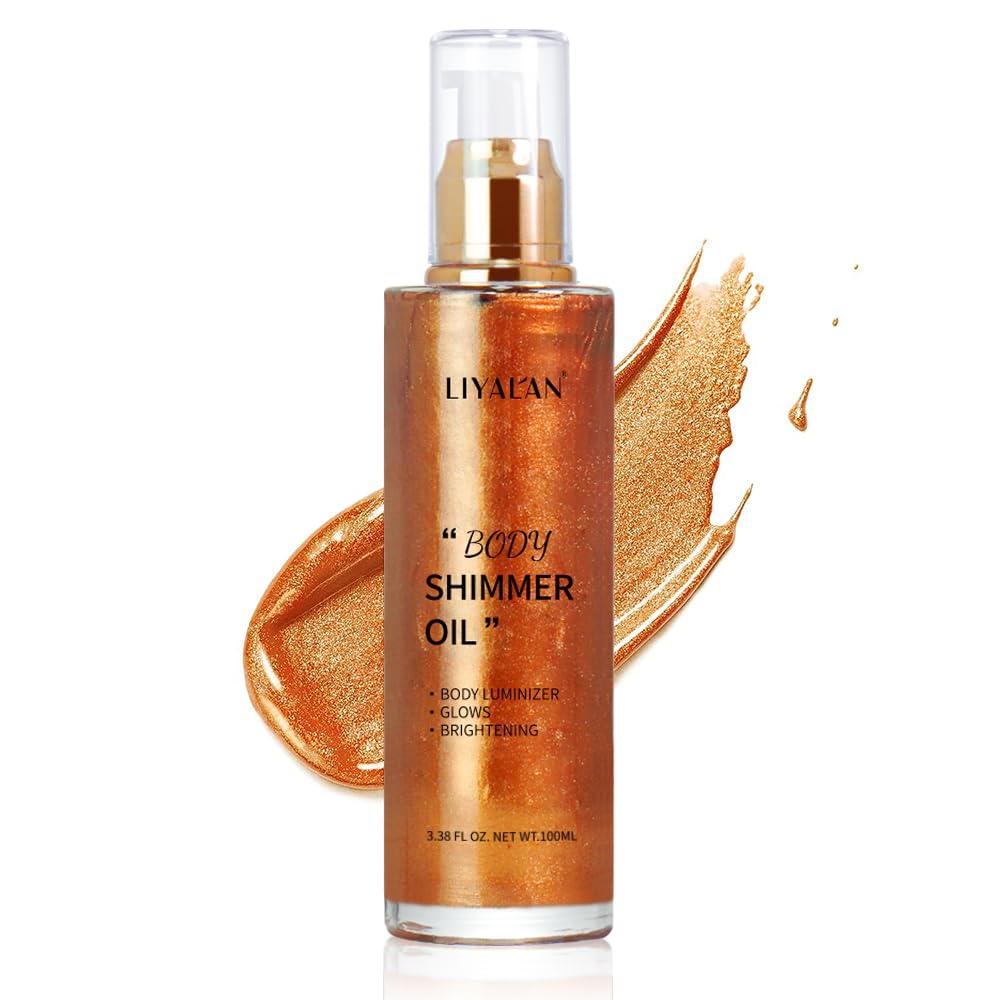 Liyalan Shimmer Body Oil Bronze Gold 5 Color Bronze Face Glow Pearl Highlighter Illuminator body Makeup Shine Glitter Gold Liquid Taning(3.38 Fl Oz/03)