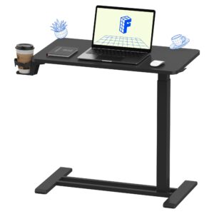 flexispot medical adjustable overbed bedside table with wheels pneumatic mobile standing desk laptop desk rolling computer cart movable overbed table hospital home use(27.6" w x 15.7" d, black table)