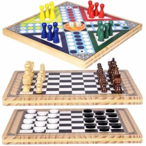 vamslove reversible wooden ludo board game and classic chess checkers set 3 in 1, 13" x 13" two-sided board games for kids and adults family gathering (games instructions included)