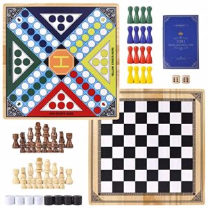 VAMSLOVE Reversible Wooden Ludo Board Game and Classic Chess Checkers Set 3 in 1, 13" x 13" Two-Sided Board Games for Kids and Adults Family Gathering (Games Instructions Included)