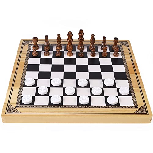 VAMSLOVE Reversible Wooden Ludo Board Game and Classic Chess Checkers Set 3 in 1, 13" x 13" Two-Sided Board Games for Kids and Adults Family Gathering (Games Instructions Included)