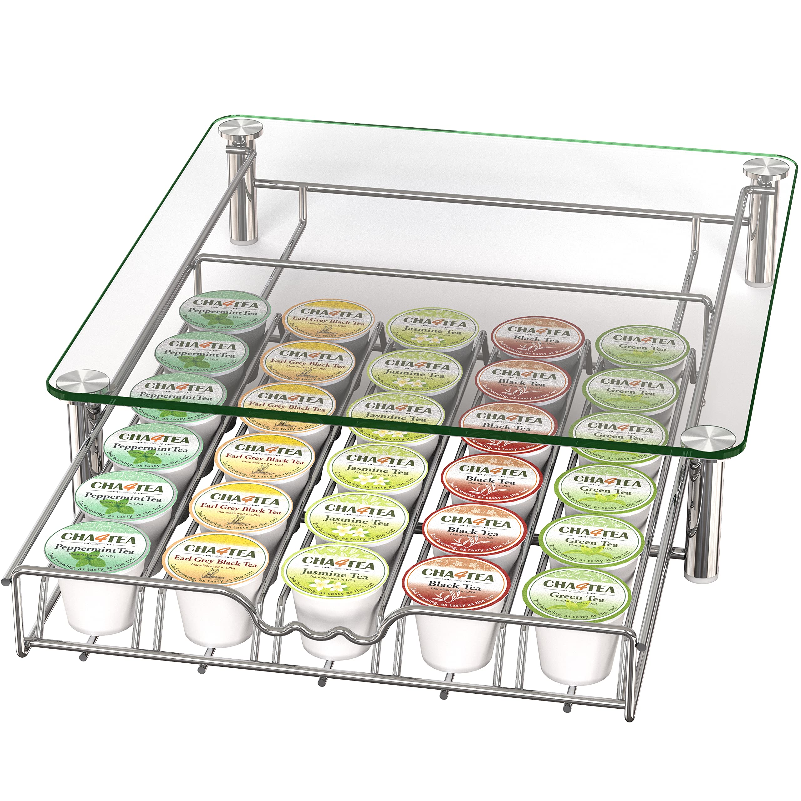 Deco Brothers Crystal Tempered Glass K-Cup Holder Drawer for 30 Coffee Pods Storage, Chrome