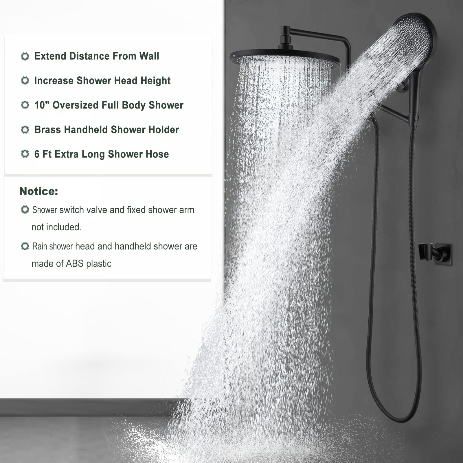 10" High Pressure Rainfall Shower Head with Handheld Combo, Upgrade 12" Extension Arm Height Adjustable, Powerful Shower Head, Brass Shower Holder Extra Long Shower Hose, Matte Black