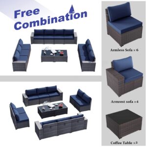 ALAULM 12 Pieces Outdoor Patio Furniture Set Sectional Sofa Sets Brown PE Rattan Patio Conversation Set w/10 Dark Blue Seat Cushions and 2 Coffee Tables