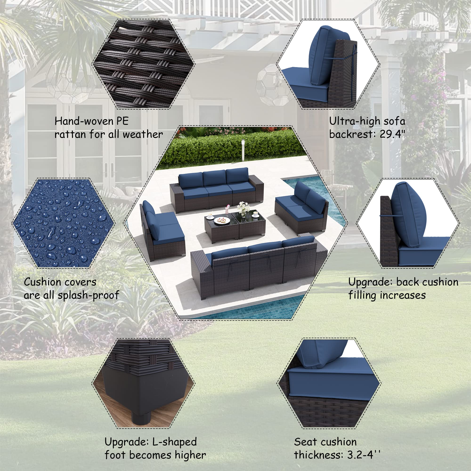 ALAULM 12 Pieces Outdoor Patio Furniture Set Sectional Sofa Sets Brown PE Rattan Patio Conversation Set w/10 Dark Blue Seat Cushions and 2 Coffee Tables