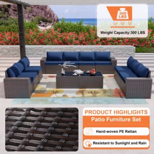 ALAULM 12 Pieces Outdoor Patio Furniture Set Sectional Sofa Sets Brown PE Rattan Patio Conversation Set w/10 Dark Blue Seat Cushions and 2 Coffee Tables