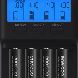 Panasonic K-KJ65KHA4BA Super Advanced 4-Position Quick Charger with LCD Indicator Panel, USB Charging Port and 4AA eneloop pro Rechargeable Batteries, Black