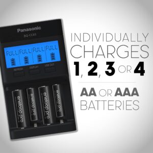 Panasonic K-KJ65KHA4BA Super Advanced 4-Position Quick Charger with LCD Indicator Panel, USB Charging Port and 4AA eneloop pro Rechargeable Batteries, Black