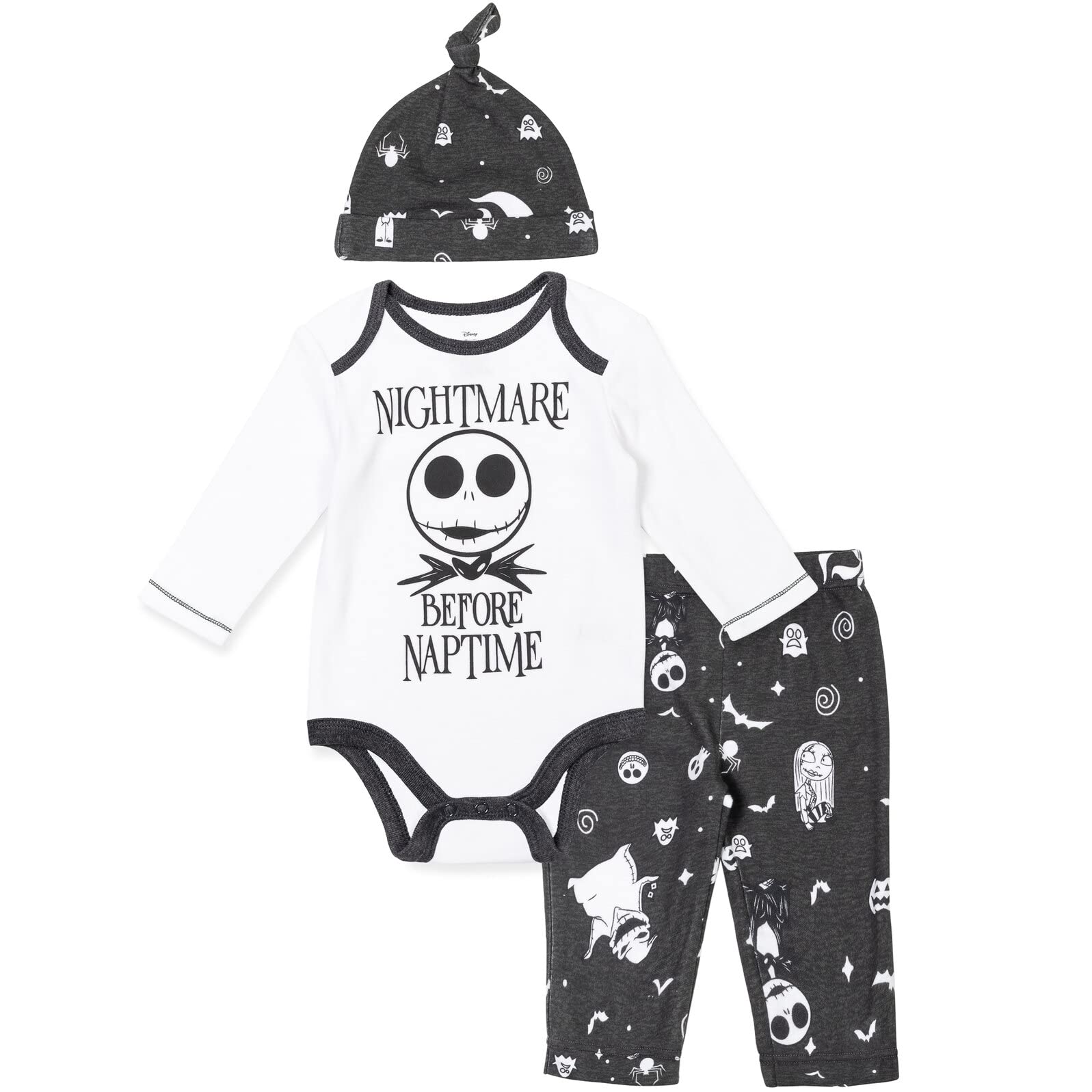 Disney Nightmare Before Christmas Sally Jack Skellington Newborn Baby Boys Bodysuit Pants and Hat 3 Piece Outfit Set Newborn