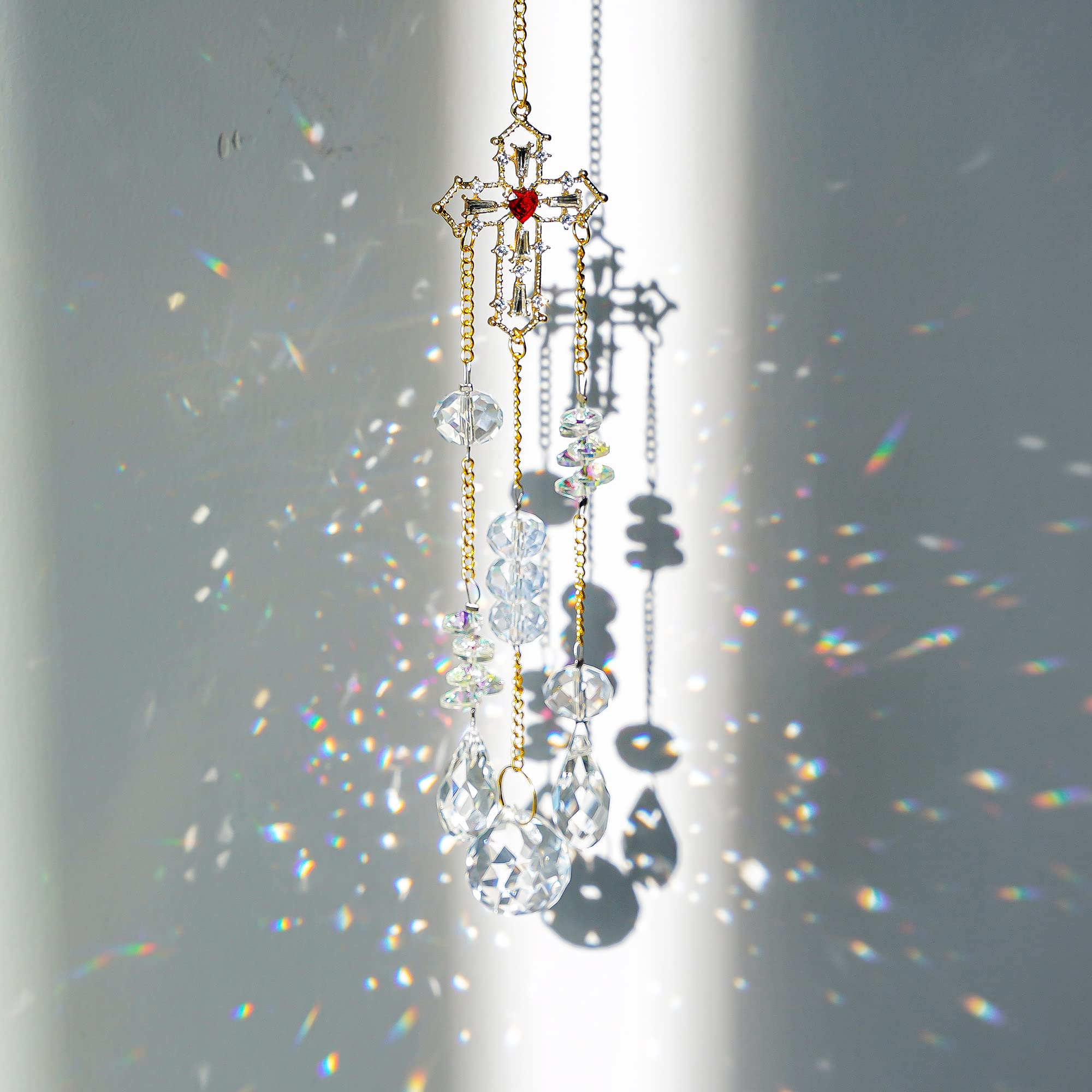 Window Hanging Crystals Suncatcher, Rainbow Prisms for Crystals, Glass Cross Shape Rhinestones Chandelier Wind Chime for Window