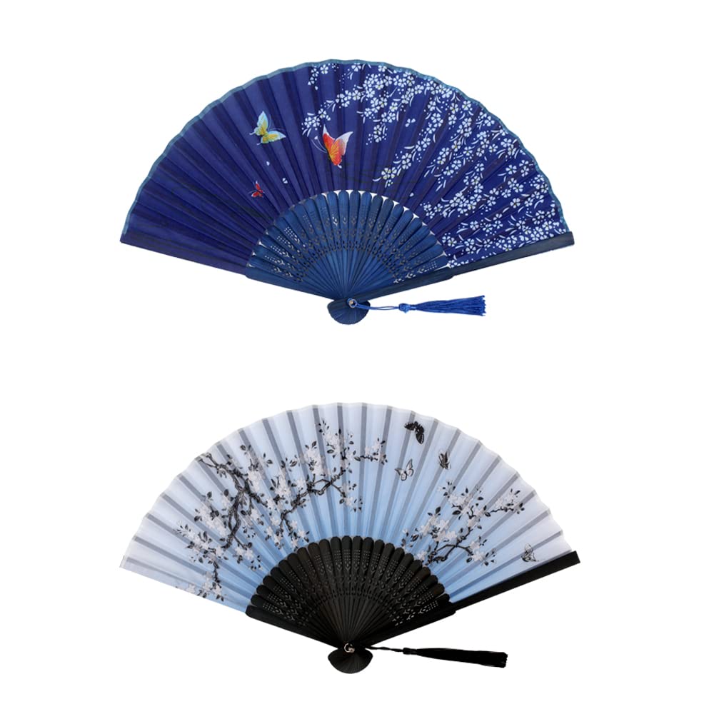 2 Pieces Chinese Japanese Vintage Bamboo Silk Fans, Women's Small Folding Hand Fans Floral Hand Held Fan with Tassel for Dance, Performance, Decoration, Wedding, Party and Gift(White Flower & Blue)