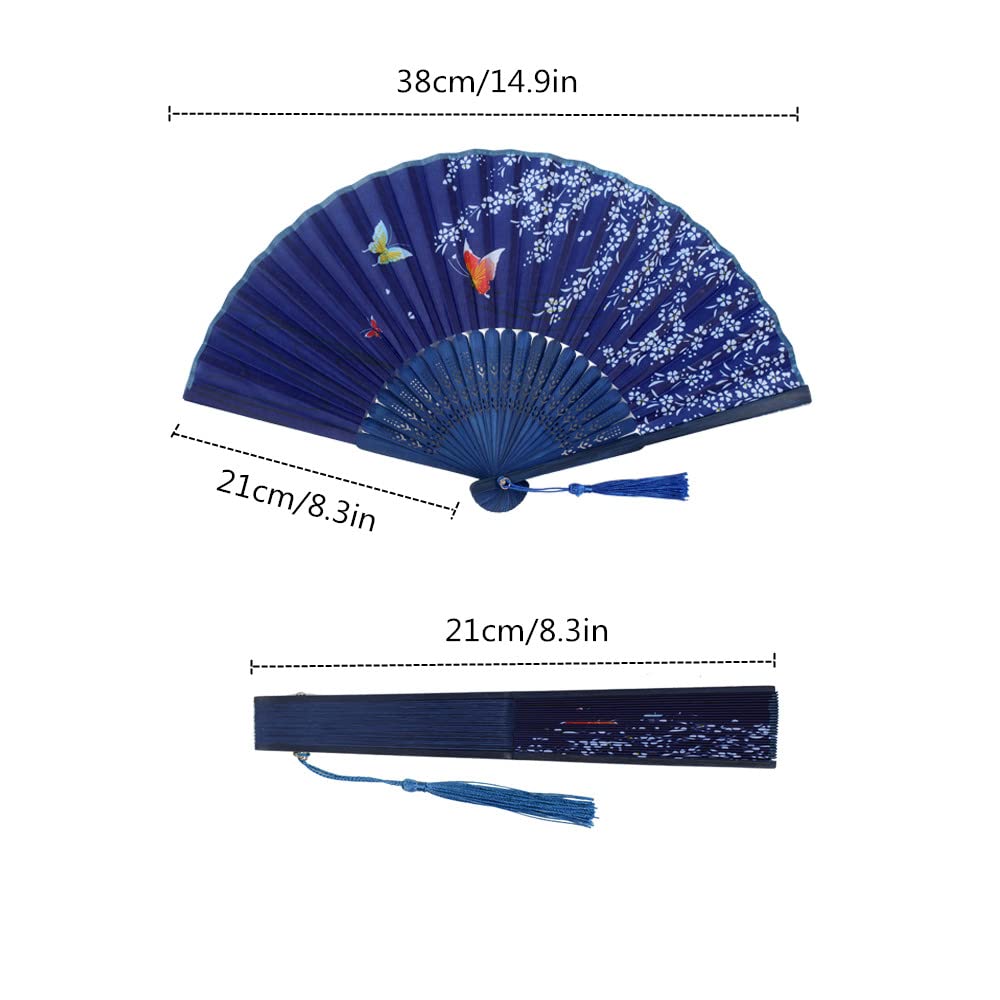 2 Pieces Chinese Japanese Vintage Bamboo Silk Fans, Women's Small Folding Hand Fans Floral Hand Held Fan with Tassel for Dance, Performance, Decoration, Wedding, Party and Gift(White Flower & Blue)