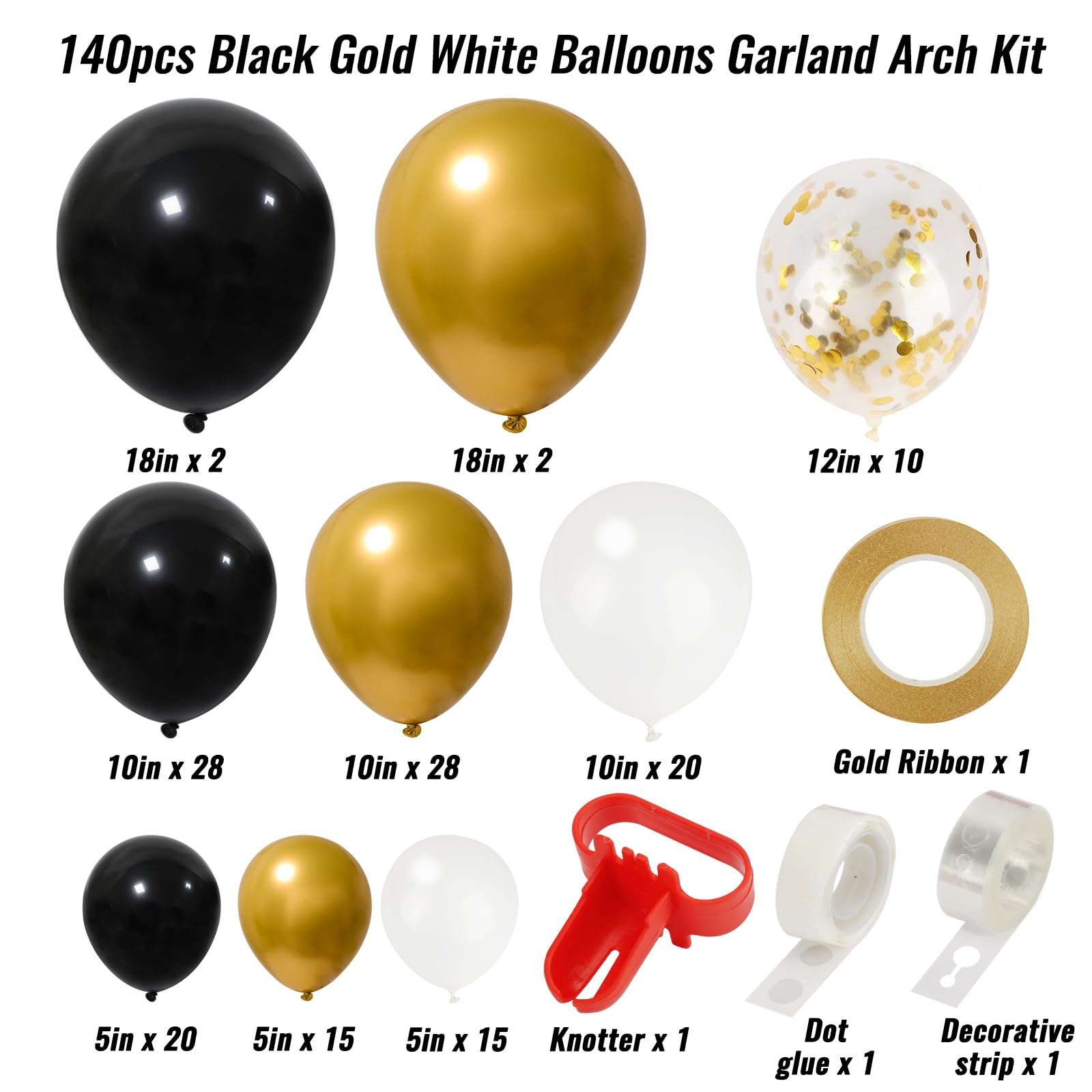 RUBFAC 140pcs Black and Gold Balloon, Balloons Garland Arch Kit, 5 10 12 18 Inch Black Gold White Latex Balloons for Graduation Party Birthday Anniversary Festival