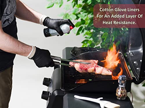 Nechtik BBQ Gloves disposable - 4 Cotton Glove Liners and 100 Disposable Gloves - Meat Gloves - Machine Washable - Powder Free Latex Free, Black Nitrile Gloves