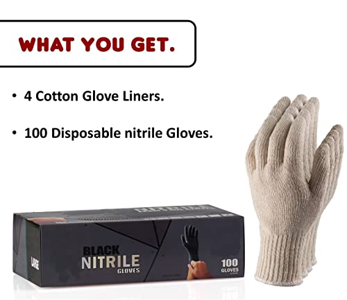 Nechtik BBQ Gloves disposable - 4 Cotton Glove Liners and 100 Disposable Gloves - Meat Gloves - Machine Washable - Powder Free Latex Free, Black Nitrile Gloves