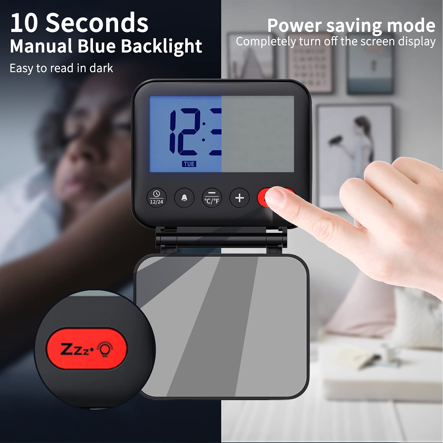 NOKLEAD Digital Travel Alarm Clock for Bedroom Office: Small LCD Desk Clock with Backlight Date Temperature Snooze 12/24H Weekend Mode and Mirror, Battery Powered Folding Bedside Clock for Adult Kids