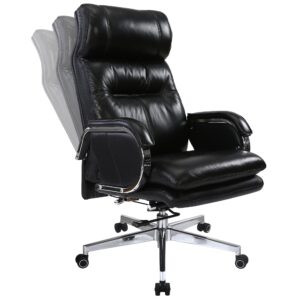 huaur genuine leather modern executive chair high-back support 90 to 150 degrees tilt and upholstered home desk chair with base 360lb capacity swivel computer office chair (black)