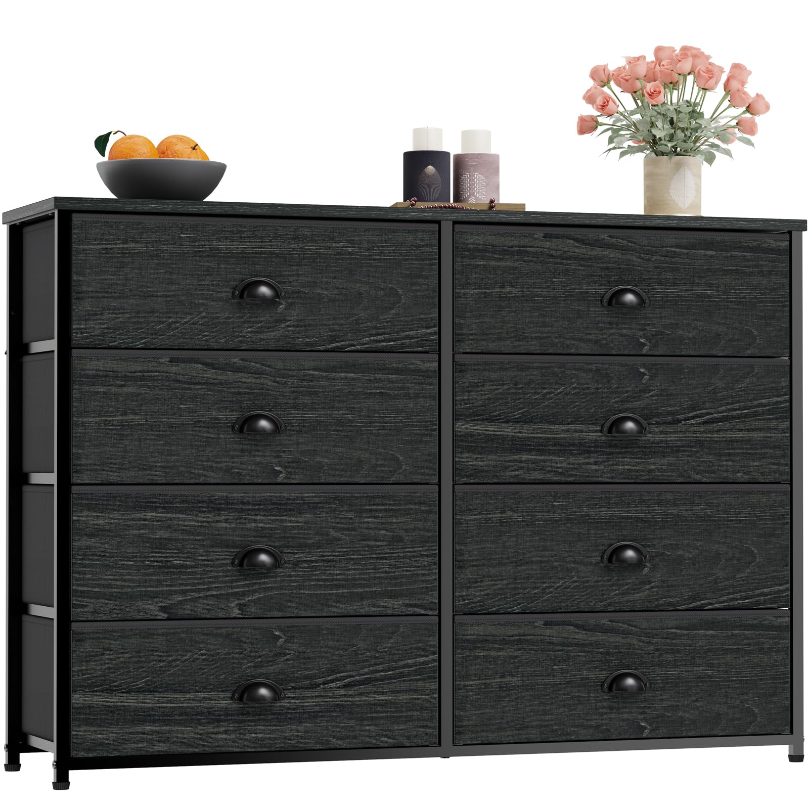 Furnulem 8 Drawer Dresser for Bedroom, TV Stand with Fabric Bins for 50'' TV, Large Chest of Drawers for Bedroom, Office, Dorm, Closet, Kids Room, Sturdy Metal Frame & Wood Top (Black Oak)