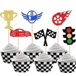 24 pcs race car cupcake toppers glitter traffic light wheel trophy flag helmet racing car cupcake picks for let's go racing sports theme baby shower boys birthday party cake decorations supplies