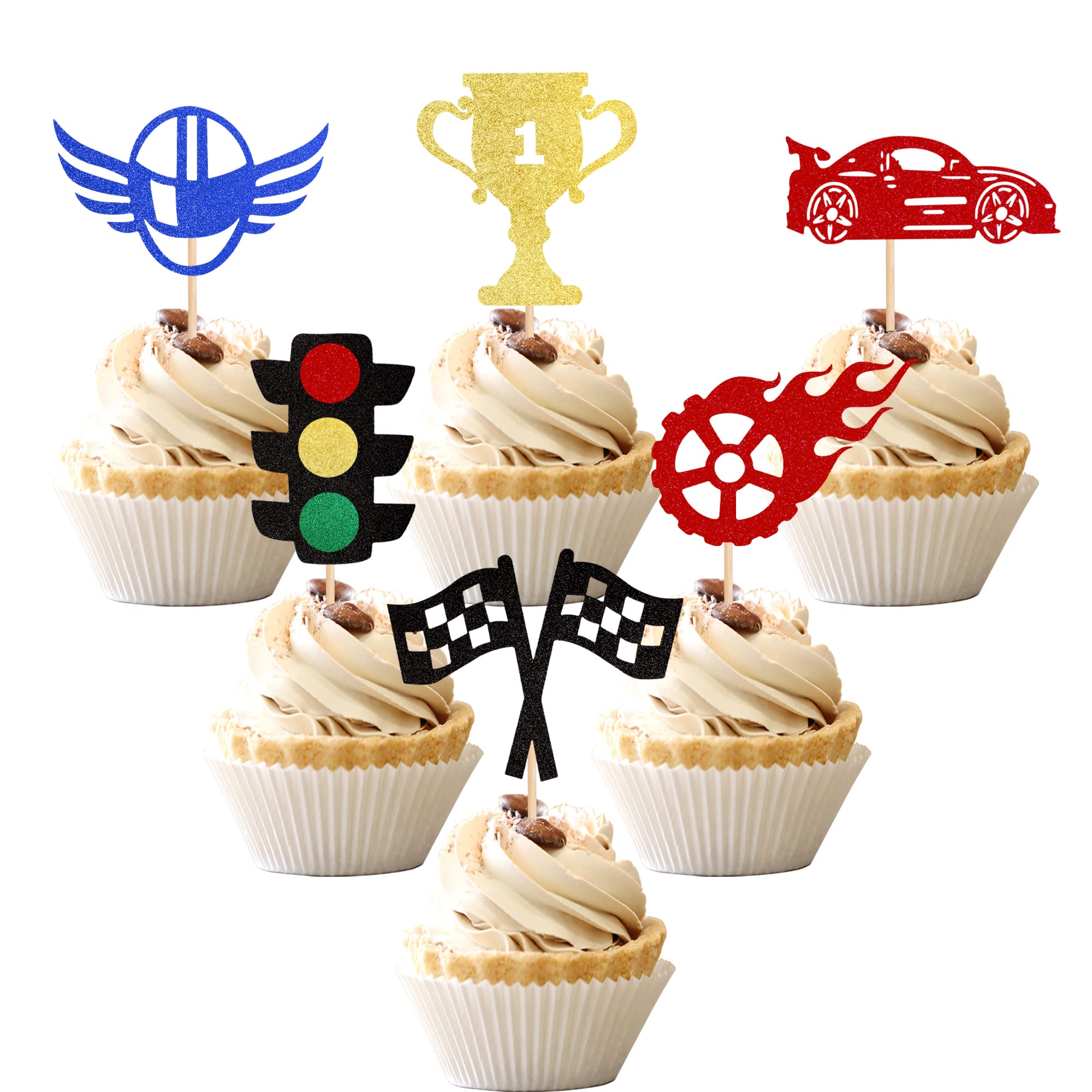 24 PCS Race Car Cupcake Toppers Glitter Traffic Light Wheel Trophy Flag Helmet Racing Car Cupcake Picks for Let's Go Racing Sports Theme Baby Shower Boys Birthday Party Cake Decorations Supplies