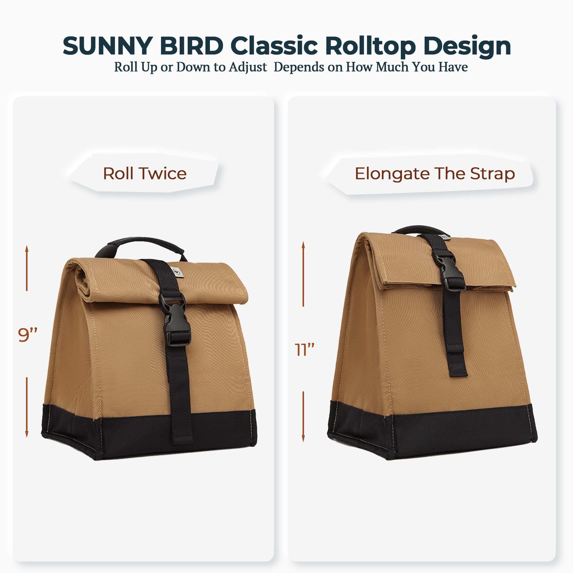 SUNNY BIRD Insulated Lunch Bag Rolltop Lunch Box Tote Bag for Women, Men, Adults and Teens (Brown)