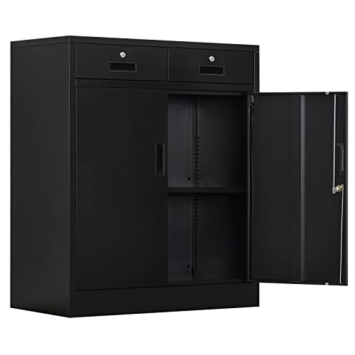 CJF Metal Storage Cabinet with 2 Doors and 2 Locking Drawers, Storage Cabinets for Office/Home/Garage 36.2" H x 31.5" W x 15.7" D (Black)