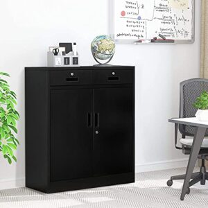 CJF Metal Storage Cabinet with 2 Doors and 2 Locking Drawers, Storage Cabinets for Office/Home/Garage 36.2" H x 31.5" W x 15.7" D (Black)