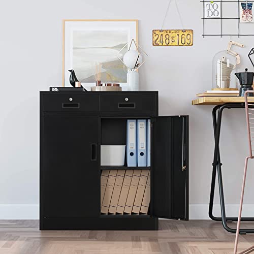 CJF Metal Storage Cabinet with 2 Doors and 2 Locking Drawers, Storage Cabinets for Office/Home/Garage 36.2" H x 31.5" W x 15.7" D (Black)