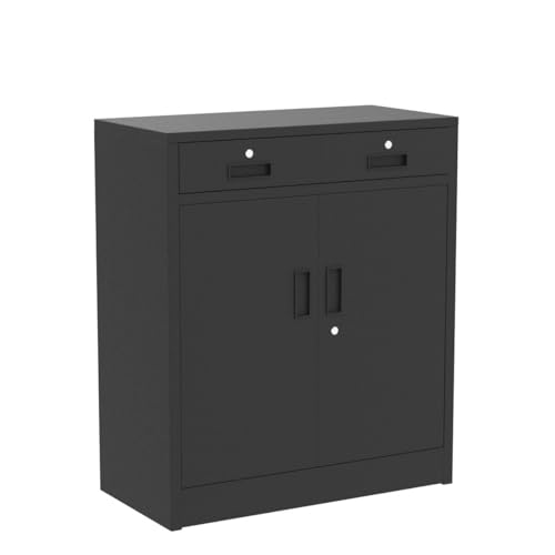 CJF Metal Storage Cabinet with 2 Doors and 2 Locking Drawers, Storage Cabinets for Office/Home/Garage 36.2" H x 31.5" W x 15.7" D (Black)