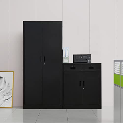 CJF Metal Storage Cabinet with 2 Doors and 2 Locking Drawers, Storage Cabinets for Office/Home/Garage 36.2" H x 31.5" W x 15.7" D (Black)