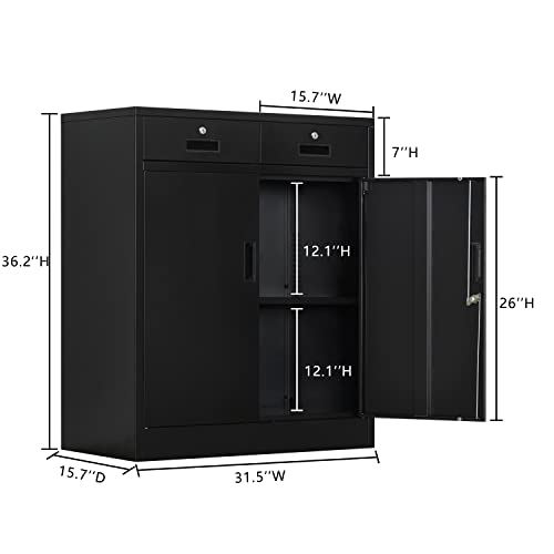 CJF Metal Storage Cabinet with 2 Doors and 2 Locking Drawers, Storage Cabinets for Office/Home/Garage 36.2" H x 31.5" W x 15.7" D (Black)