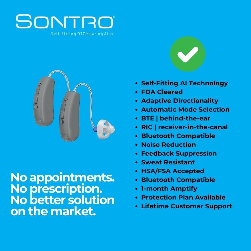 Sontro® Self-Fitting OTC Hearing Aids for Adults, Grey, Pair - Behind the Ear Aid, Phone Smart App for Auto 16 Channel Fine Tuning, Noise Cancelling, Directional Microphones, Bluetooth Hearing Aids for Seniors