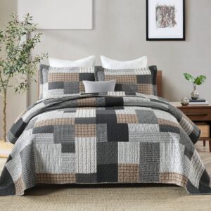 sahsahcasa, queen bedding set, 3pcs, 100% cotton, farmhouse patchwork quilt, plaid reversible, grey/black/brown/white, all-season use, lightweight, washable