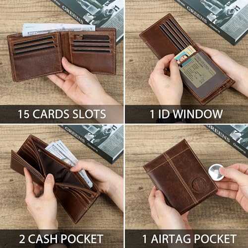 Swallowmall AirTag Wallet Men RFID Blocking Genuine Leather Bifold Mens Wallet For AirTag 1 ID Window 15 Card Holders with Box (Airtag Not included)